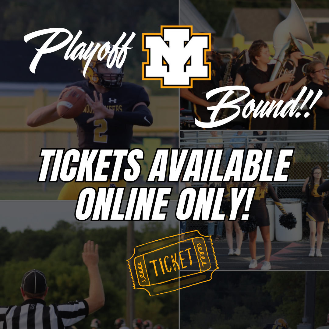 "Playoff Bound!!" graphic with an IM logo, football player, marching band, and "Tickets Available Online Only" text.